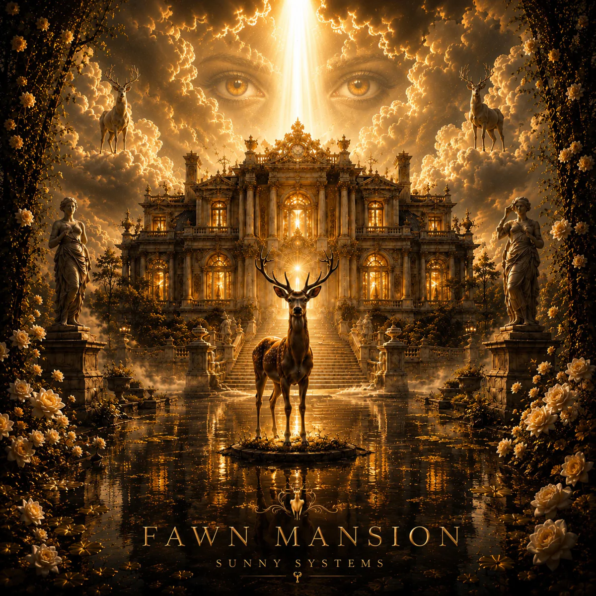 Fawn Mansion by Sunny Systems. Album cover with a golden mansion and a deer.